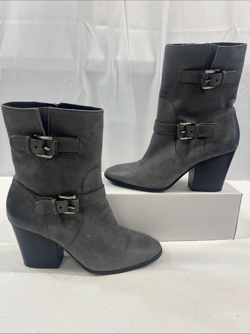 Women's Gray Buckle Mid-Calf Block Heel Boots